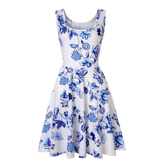 Women Fashion Casual Printed Round Neck Sleeveless Loose Dress