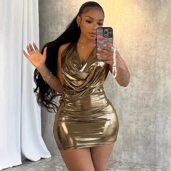 Women Fashion Sexy Solid Color Halter-Neck Sleeveless Backless Slim-Fit Dress