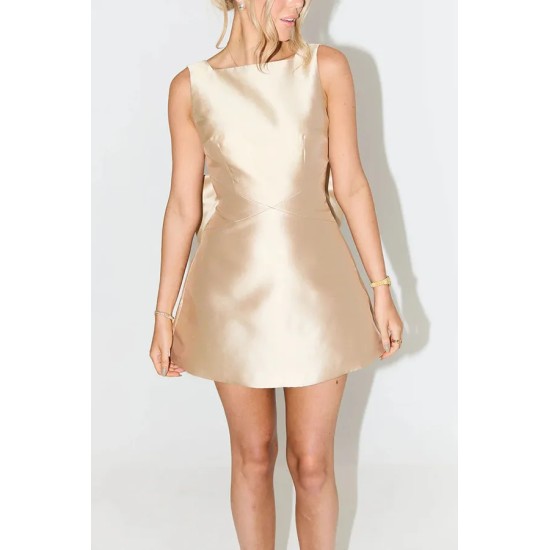 Women Fashion Elegant Satin Sleeveless Backless Bowknot High Waist Dress