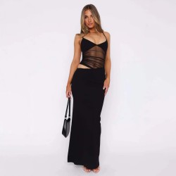 Women Fashion Sexy Solid Color Mesh Sleeveless Camisole Slim-Fit Skirts Two-Piece Set