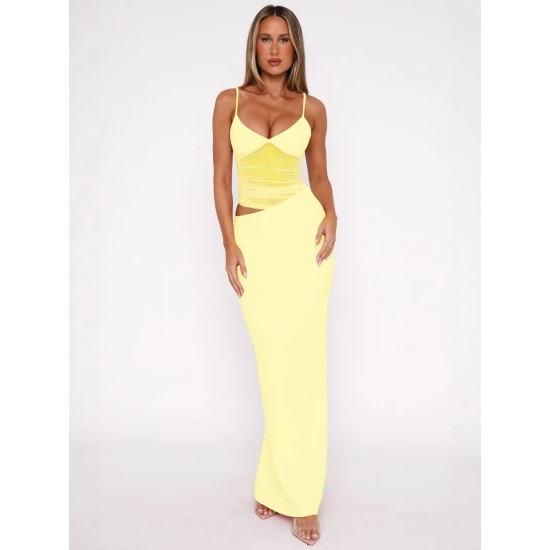 Women Fashion Sexy Solid Color Mesh Sleeveless Camisole Slim-Fit Skirts Two-Piece Set