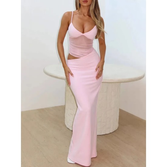 Women Fashion Sexy Solid Color Mesh Sleeveless Camisole Slim-Fit Skirts Two-Piece Set