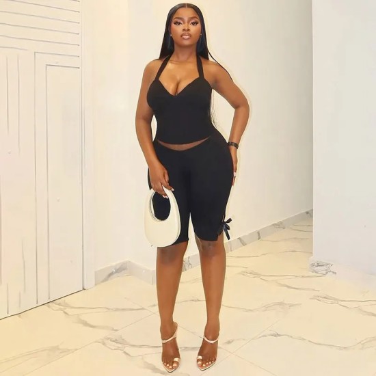 Women Fashion Solid Color Halter-Neck Backless Tank Top Tight Bowknot Shorts Two-Piece Set