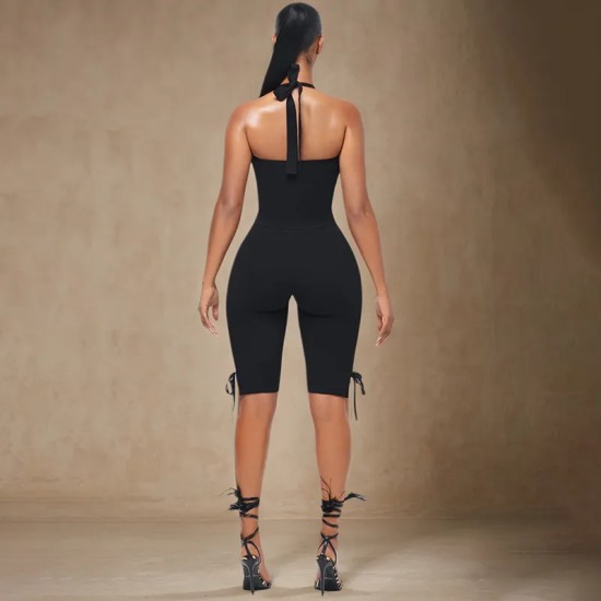 Women Fashion Solid Color Halter-Neck Backless Tank Top Tight Bowknot Shorts Two-Piece Set