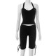 Women Fashion Solid Color Halter-Neck Backless Tank Top Tight Bowknot Shorts Two-Piece Set
