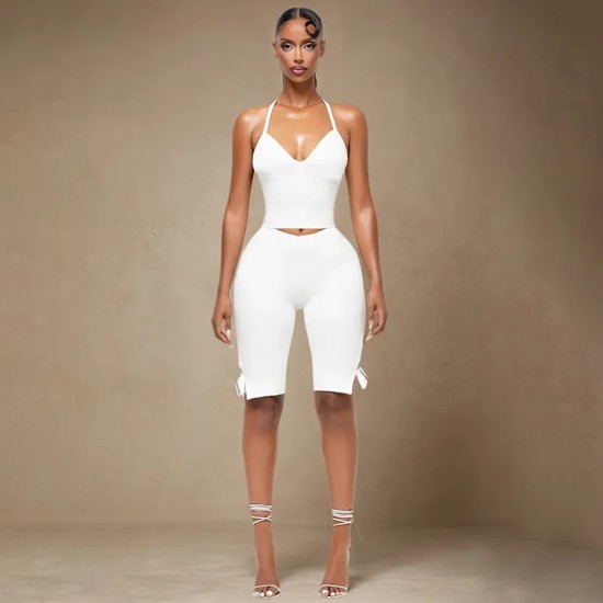 Women Fashion Solid Color Halter-Neck Backless Tank Top Tight Bowknot Shorts Two-Piece Set
