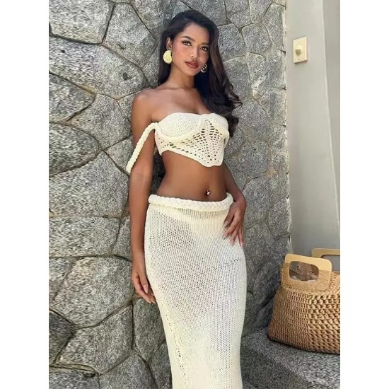 Women Fashion Sexy Solid Color Knitted Camisole Crop Top Slim Fit Skirt Two-Piece Set