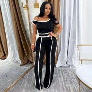 Women Fashion Casual Contrast Color Stitching Line Short-Sleeve T-Shirt High Waist Pants Two-Piece Set