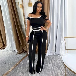Women Fashion Casual Contrast Color Stitching Line Short-Sleeve T-Shirt High Waist Pants Two-Piece Set