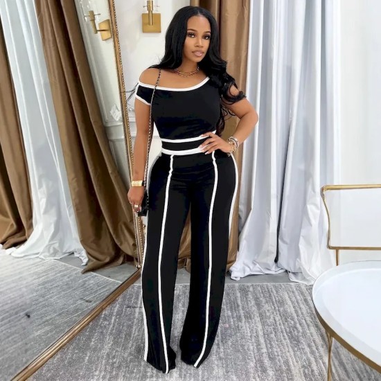 Women Fashion Casual Contrast Color Stitching Line Short-Sleeve T-Shirt High Waist Pants Two-Piece Set