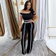 Women Fashion Casual Contrast Color Stitching Line Short-Sleeve T-Shirt High Waist Pants Two-Piece Set
