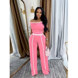 Women Fashion Casual Contrast Color Stitching Line Short-Sleeve T-Shirt High Waist Pants Two-Piece Set