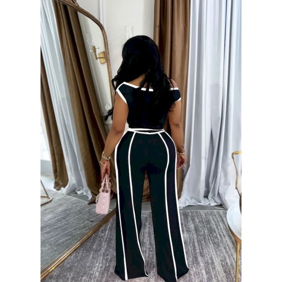 Women Fashion Casual Contrast Color Stitching Line Short-Sleeve T-Shirt High Waist Pants Two-Piece Set