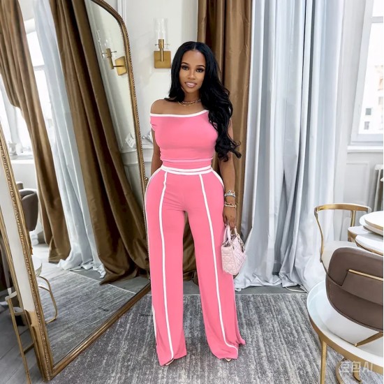 Women Fashion Casual Contrast Color Stitching Line Short-Sleeve T-Shirt High Waist Pants Two-Piece Set