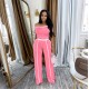 Women Fashion Casual Contrast Color Stitching Line Short-Sleeve T-Shirt High Waist Pants Two-Piece Set
