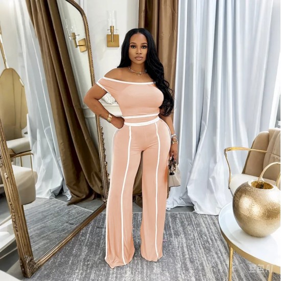 Women Fashion Casual Contrast Color Stitching Line Short-Sleeve T-Shirt High Waist Pants Two-Piece Set