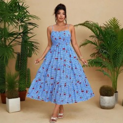 Women Fashion Sexy Cherry Printed Plaid Spaghetti Strap Dress
