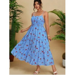 Women Fashion Sexy Cherry Printed Plaid Spaghetti Strap Dress