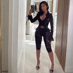 Women Fashion Sexy Solid Color Lace Perspective Long Sleeve Top Tight Shorts Two-Piece Set