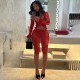 Women Fashion Sexy Solid Color Lace Perspective Long Sleeve Top Tight Shorts Two-Piece Set