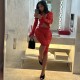 Women Fashion Sexy Solid Color Lace Perspective Long Sleeve Top Tight Shorts Two-Piece Set