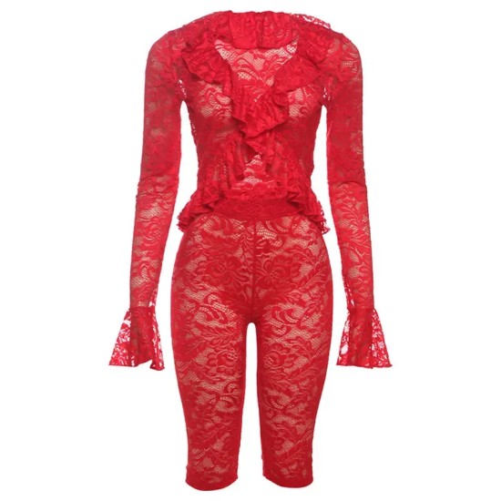 Women Fashion Sexy Solid Color Lace Perspective Long Sleeve Top Tight Shorts Two-Piece Set