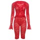 Women Fashion Sexy Solid Color Lace Perspective Long Sleeve Top Tight Shorts Two-Piece Set