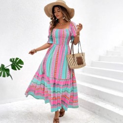 Women Fashion Casual Printed Square Neck Stitching Short-Sleeve Loose Dress