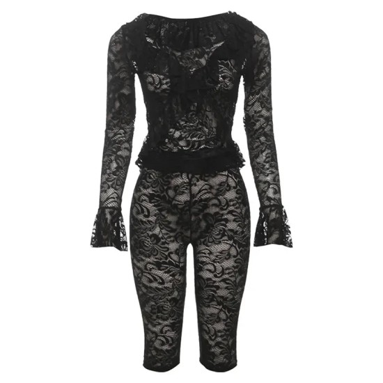 Women Fashion Sexy Solid Color Lace Perspective Long Sleeve Top Tight Shorts Two-Piece Set