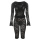 Women Fashion Sexy Solid Color Lace Perspective Long Sleeve Top Tight Shorts Two-Piece Set