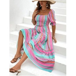 Women Fashion Casual Printed Square Neck Stitching Short-Sleeve Loose Dress