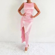 Women Fashion Sexy Solid Color Irregular Sleeveless Backless Split Dress