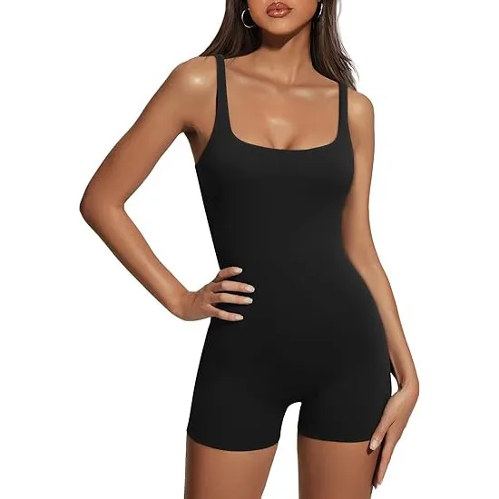 Women Fashion Solid Color U-Neck Sleeveless Backless Slim-Fit Sports Rompers