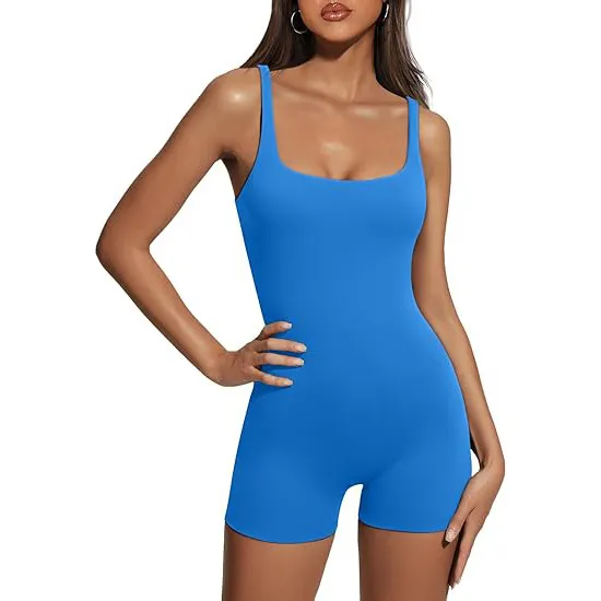 Women Fashion Solid Color U-Neck Sleeveless Backless Slim-Fit Sports Rompers