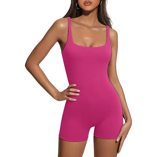 Women Fashion Solid Color U-Neck Sleeveless Backless Slim-Fit Sports Rompers