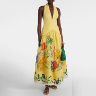 Women Fashion Sexy Printed Deep V-Neck Halter-Neck Backless Dress