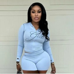 Women Fashion Casual Printed Slim-Fit Long Sleeve Hoodies Tight Shorts Two-Piece Set