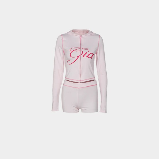 Women Fashion Casual Printed Slim-Fit Long Sleeve Hoodies Tight Shorts Two-Piece Set