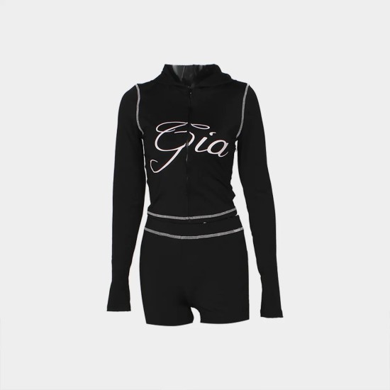 Women Fashion Casual Printed Slim-Fit Long Sleeve Hoodies Tight Shorts Two-Piece Set