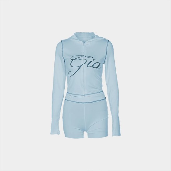 Women Fashion Casual Printed Slim-Fit Long Sleeve Hoodies Tight Shorts Two-Piece Set
