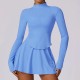 Women Fashion Yoga Solid Color Long Sleeve Zipper Top And Skirt Sport Two-Piece Set