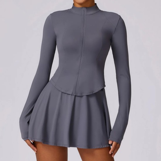 Women Fashion Yoga Solid Color Long Sleeve Zipper Top And Skirt Sport Two-Piece Set