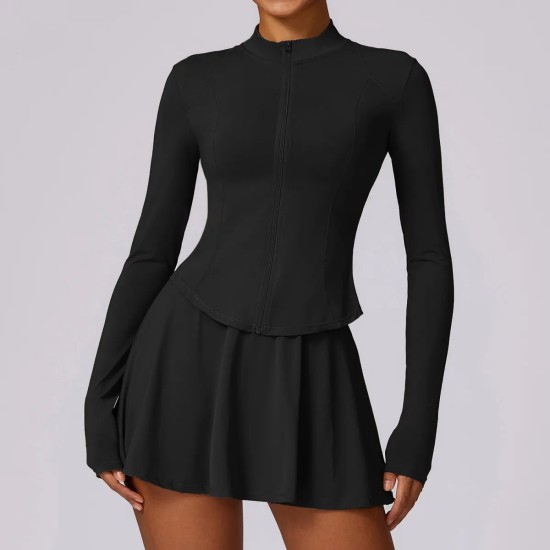 Women Fashion Yoga Solid Color Long Sleeve Zipper Top And Skirt Sport Two-Piece Set