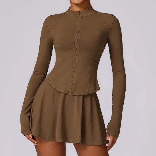Women Fashion Yoga Solid Color Long Sleeve Zipper Top And Skirt Sport Two-Piece Set