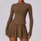 Women Fashion Yoga Solid Color Long Sleeve Zipper Top And Skirt Sport Two-Piece Set