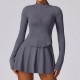 Women Fashion Yoga Solid Color Long Sleeve Zipper Top And Skirt Sport Two-Piece Set