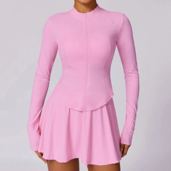 Women Fashion Yoga Solid Color Long Sleeve Zipper Top And Skirt Sport Two-Piece Set