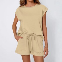 Women Fashion Casual Solid Color Round Neck Short-Sleeve T-Shirt Loose Shorts Two-Piece Set