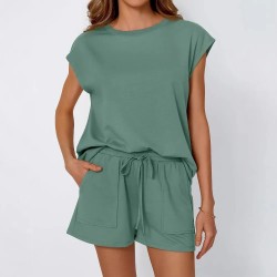 Women Fashion Casual Solid Color Round Neck Short-Sleeve T-Shirt Loose Shorts Two-Piece Set
