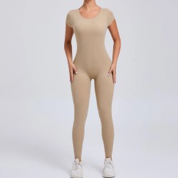 Women Fashion Casual Solid Color Tight Short-Sleeve Backless Sports Jumpsuits